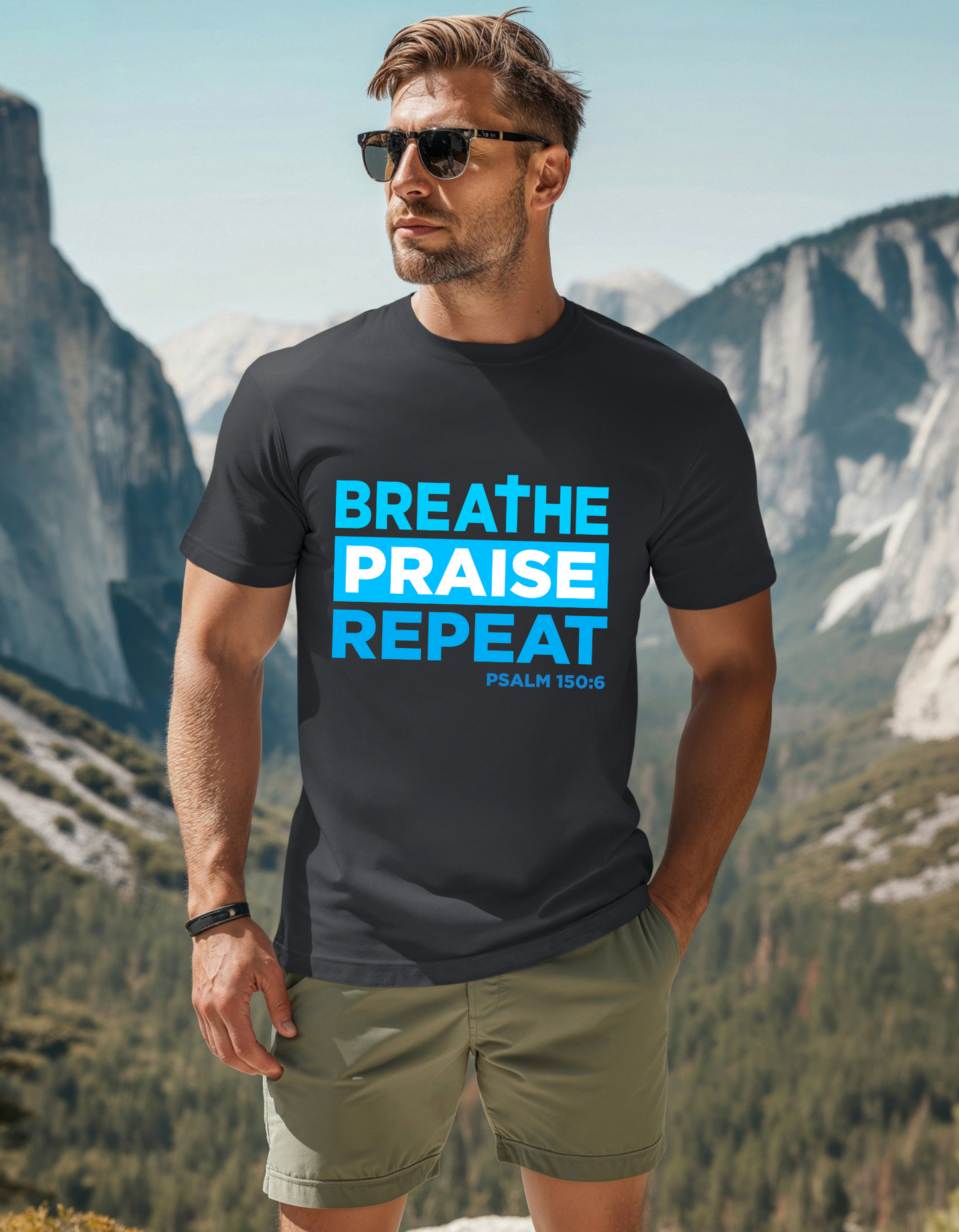 Men's Breathe, Praise, Repeat Christian Tee - Psalm 150:6