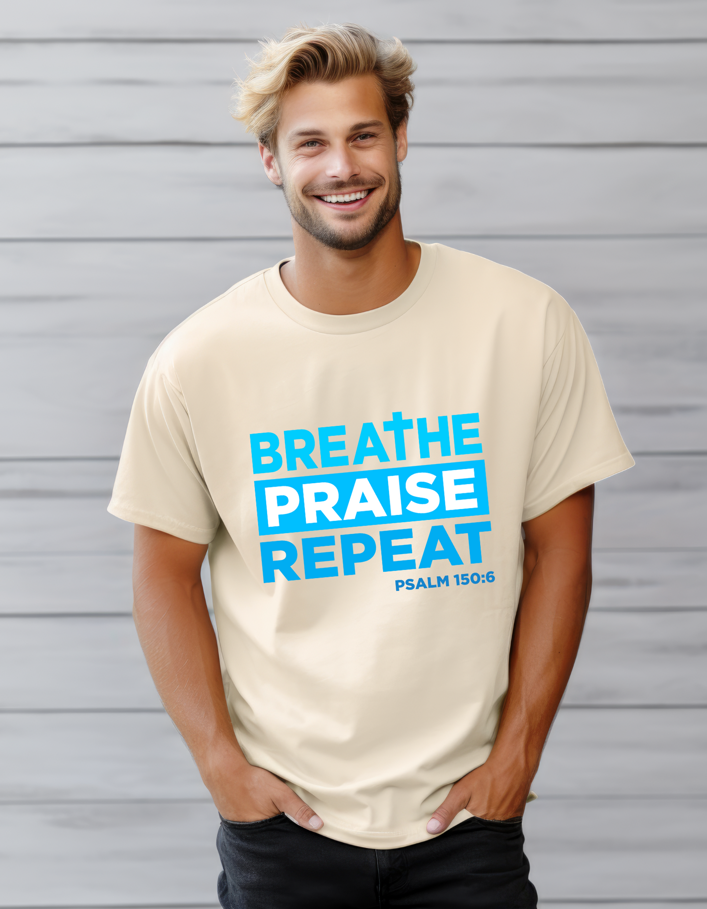 Men's Breathe, Praise, Repeat Christian Tee - Psalm 150:6