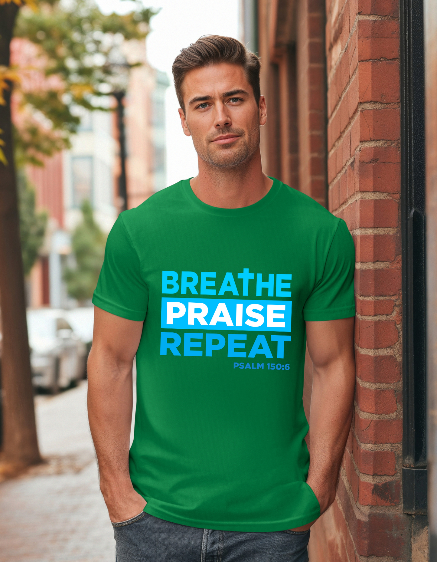 Men's Breathe, Praise, Repeat Christian Tee - Psalm 150:6
