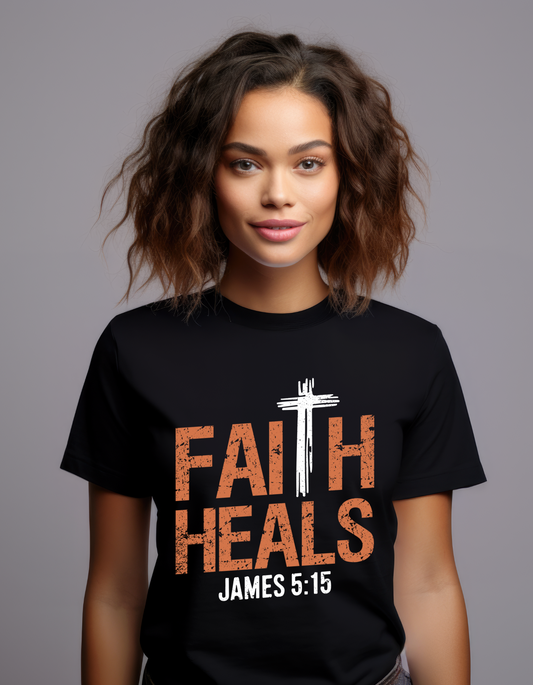Faith Heals with Bible Verse James 5:15  Women's Tee  - White Cross