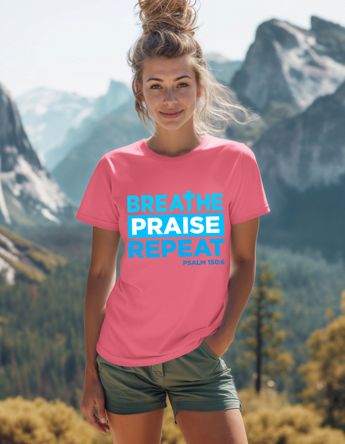Breathe, Praise, Repeat - Psalm 150:6 -Women's Tee- (Blue Lettering)