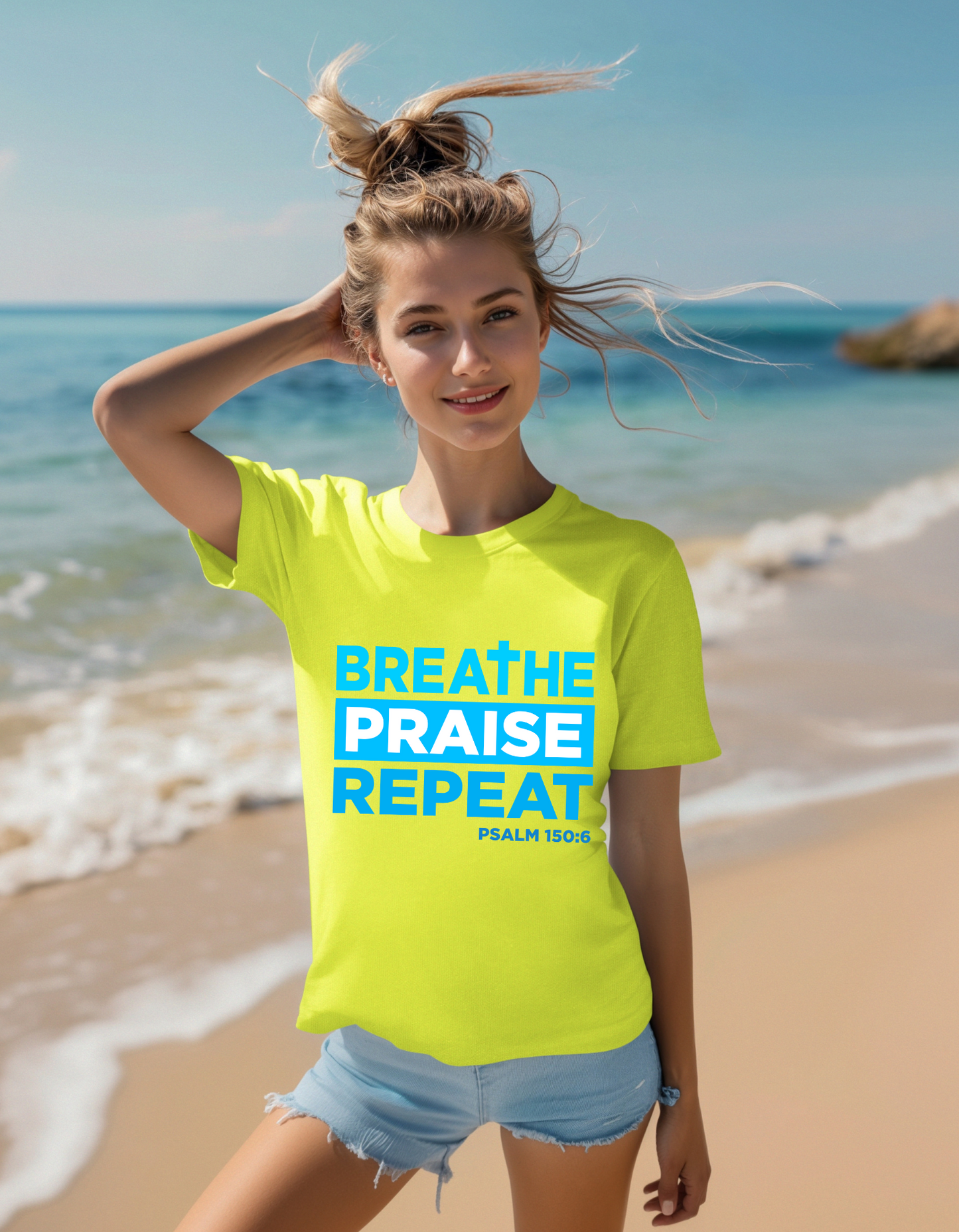 Breathe, Praise, Repeat - Psalm 150:6 -Women's Tee- (Blue Lettering)