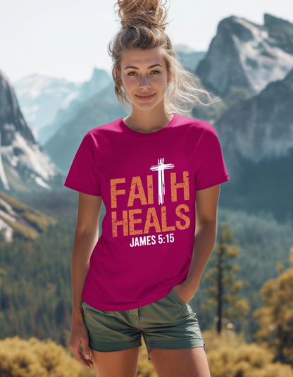 Faith Heals with Bible Verse James 5:15  Women's Tee  - White Cross