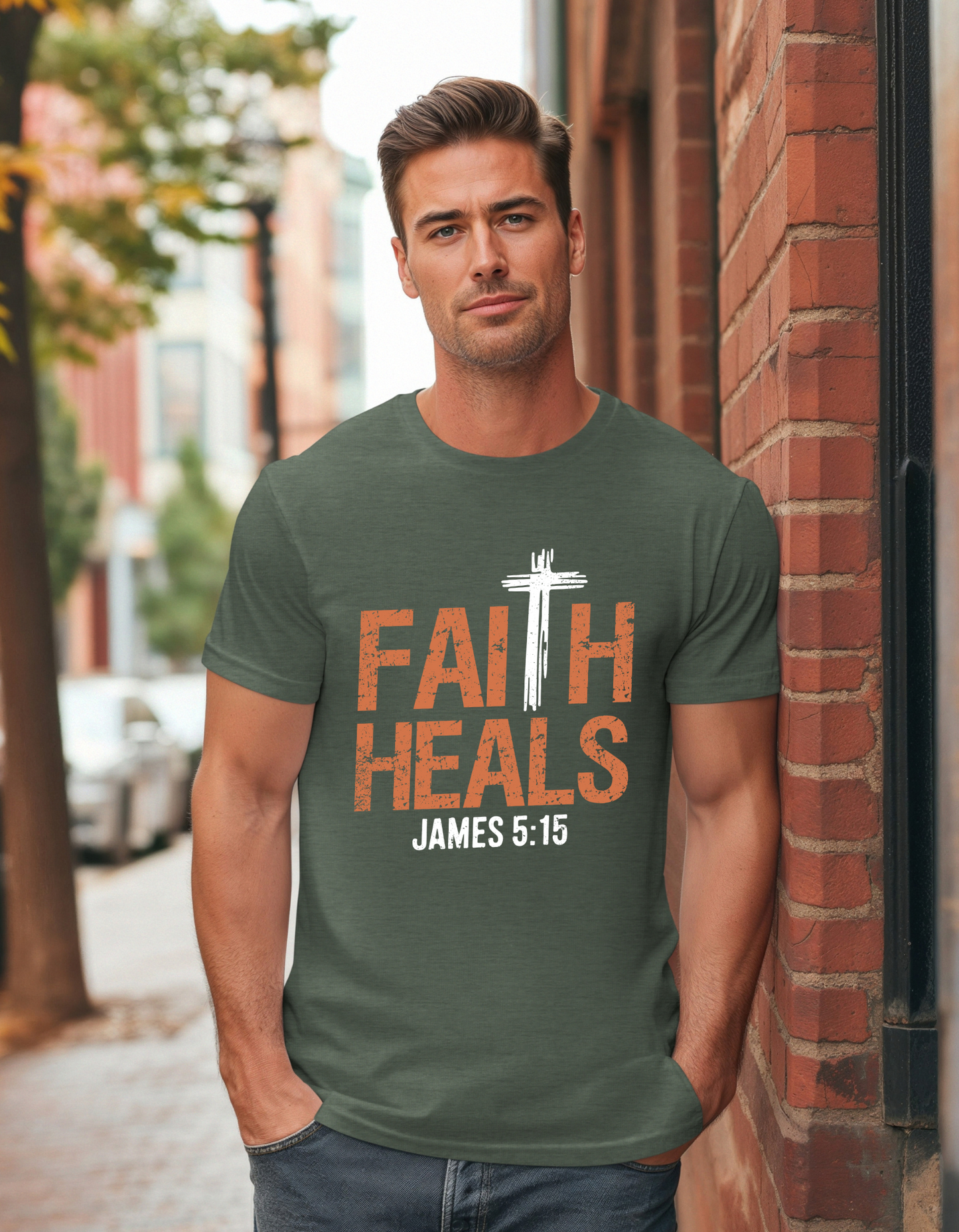 Faith Heals with Bible Verse James 5:15 - Men's Tee (White Cross)