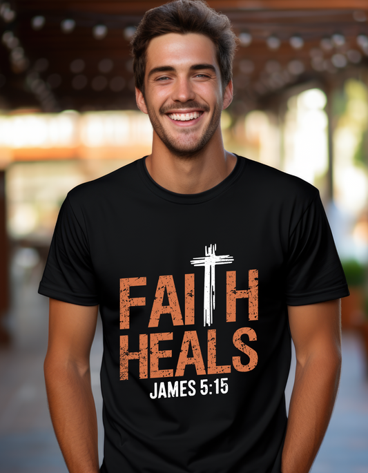 Faith Heals with Bible Verse James 5:15 - Men's Tee (White Cross)