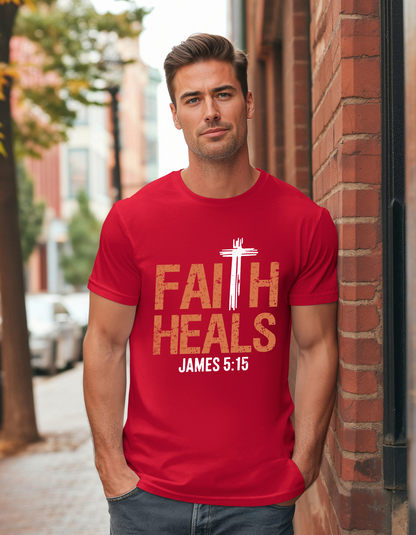 Faith Heals with Bible Verse James 5:15 - Men's Tee (White Cross)