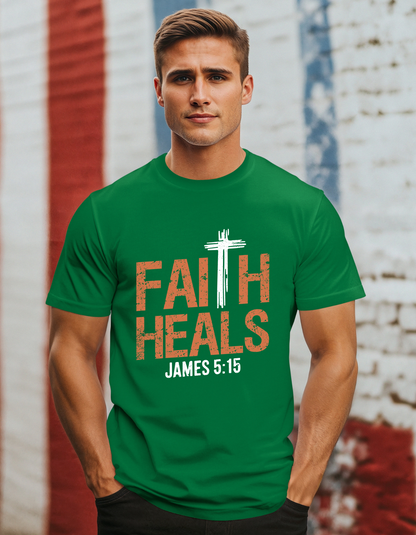 Faith Heals with Bible Verse James 5:15 - Men's Tee (White Cross)