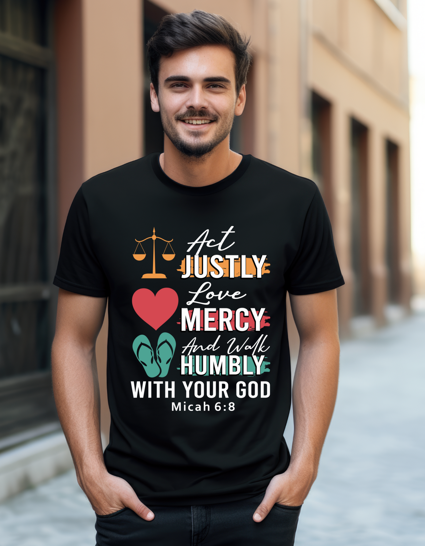 Act Justly, Love Mercy and Walk Humbly Micah 6:8 (White Lettering) -Men's Tee