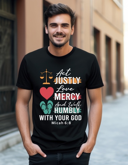 Act Justly, Love Mercy and Walk Humbly Micah 6:8 (White Lettering) -Men's Tee