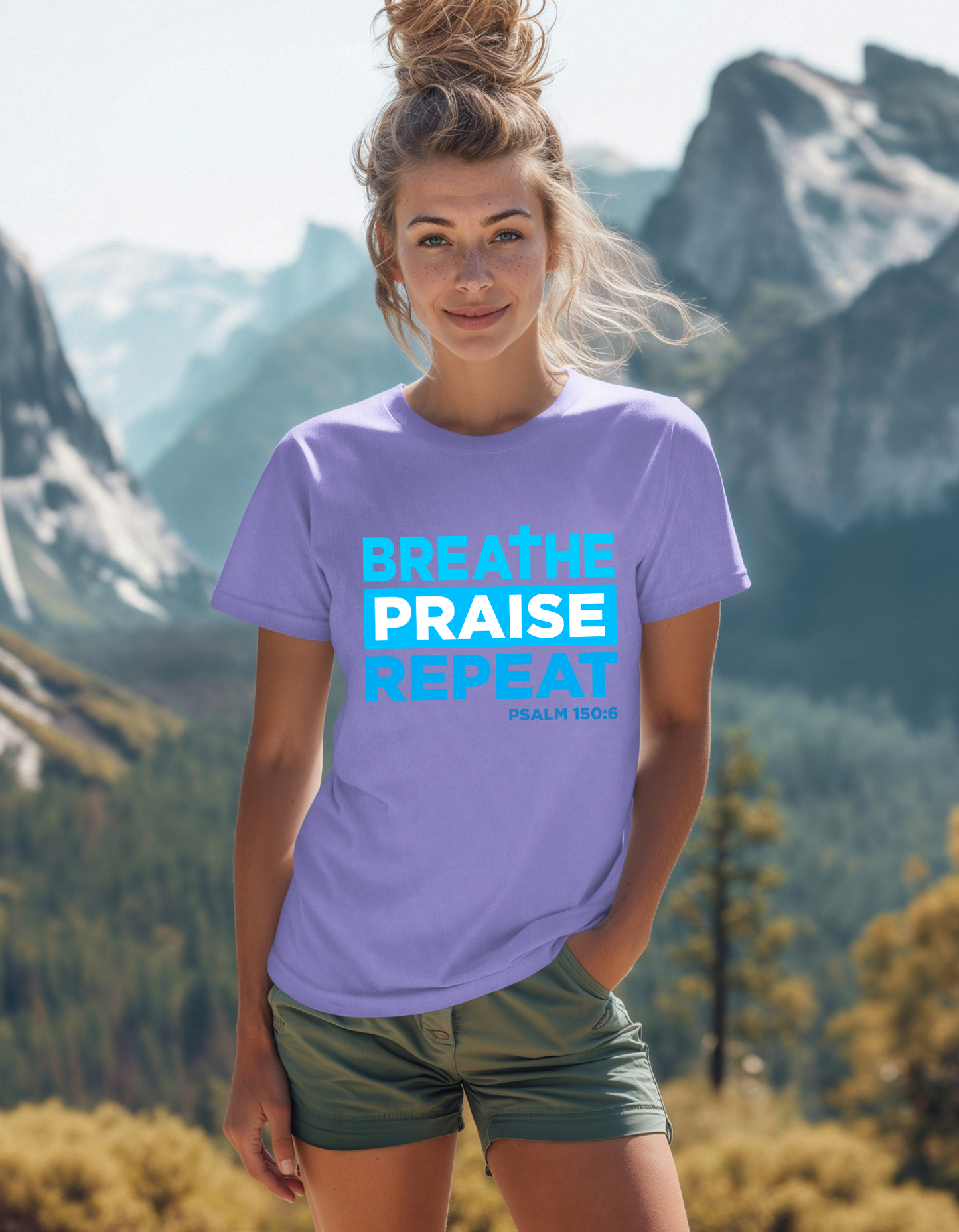 Breathe, Praise, Repeat - Psalm 150:6 -Women's Tee- (Blue Lettering)